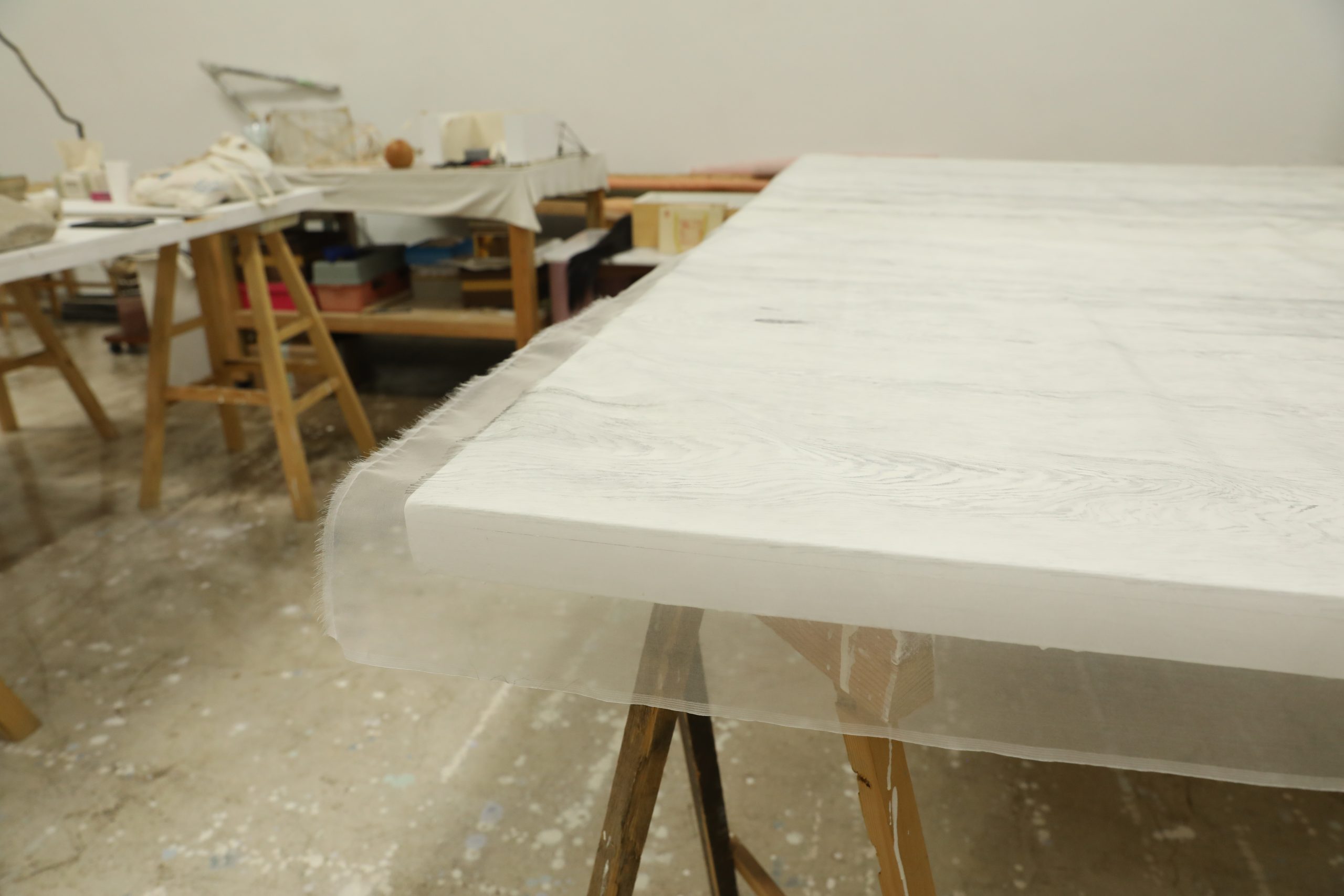 Works in progress in Hu Xiaoyuan's studio. Photo commissioned by the Smart Museum of Art during an artist interview. Photo by Yaya Rotem.
