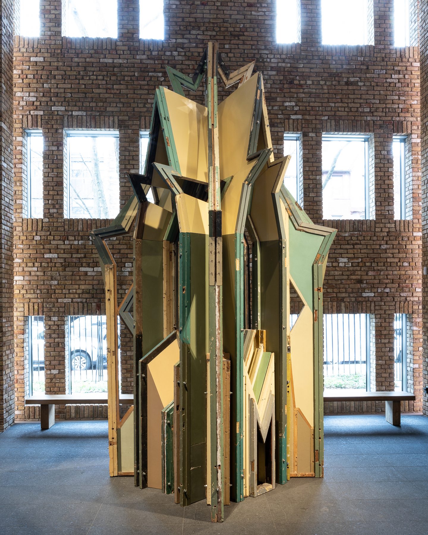 Liu Wei, Merely a Mistake II No. 7, 2013, Doors and door frames, wooden beams, acrylic board, stainless steel, and iron. Installation view at Wrightwood 659. Courtesy of the artist Long March Space.