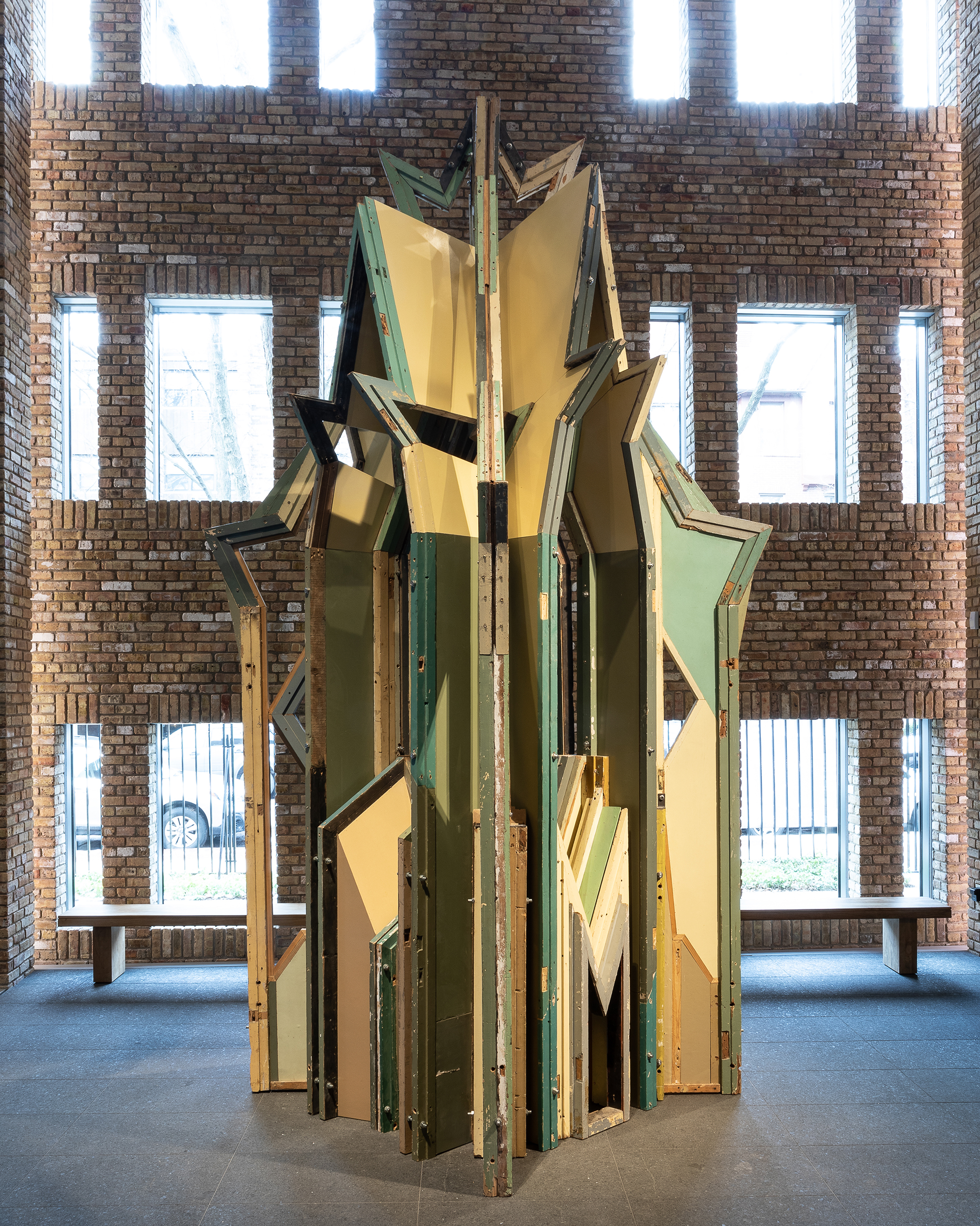 Liu Wei, Merely a Mistake II No. 7, 2013, Doors and door frames, wooden beams, acrylic board, stainless steel, and iron. Installation view at Wrightwood 659. Courtesy of the artist Long March Space.