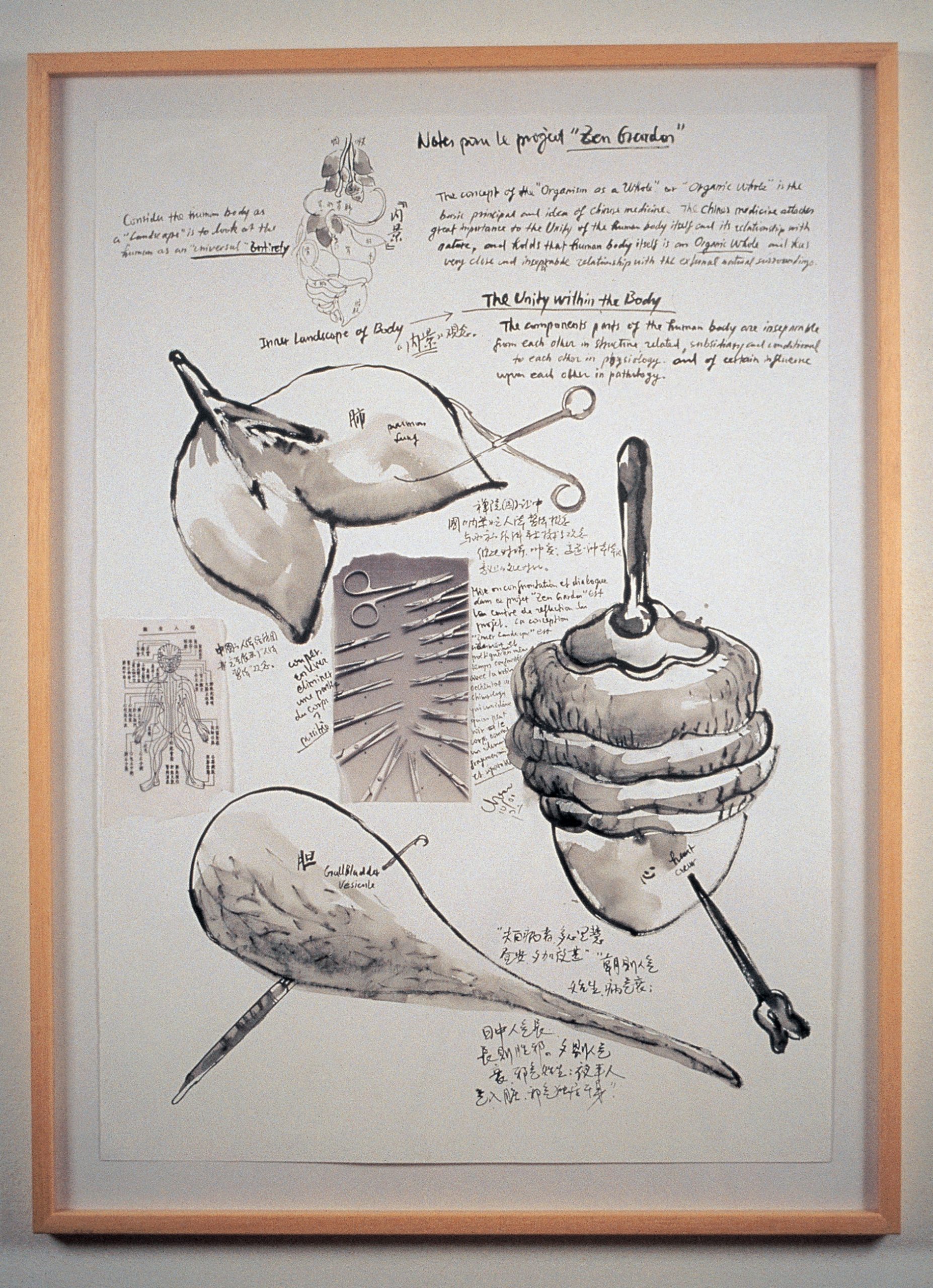 Chen Zhen, drawing for Zen Garden no. 5, 2000. Collage and India ink on paper; 39 3/8 × 27 7/8 in. (100 × 70 cm). Collection FREUDE, Turin. Photo courtesy of Galleria Continua, San Gimignano/Beijing/Les Moulins/Havana and © 2019 Artists Rights Society (ARS), New York / ADAGP, Paris.