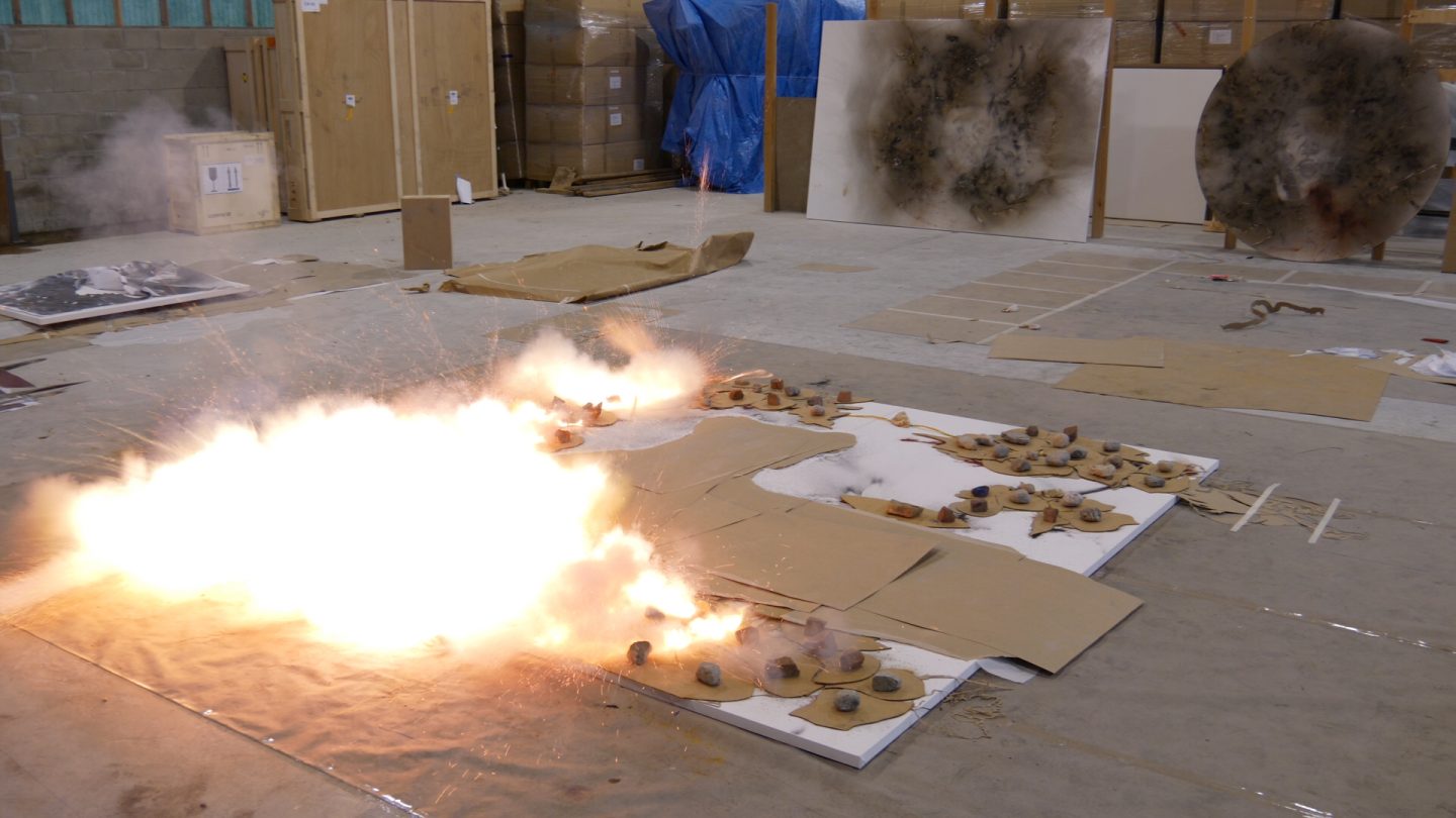 Cai Guo-Qiang creating gunpowder paintings, 2018. Videography by Lin King. Courtesy of Cai Studio.